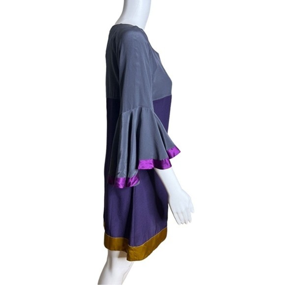 French Connection Dress Womens 2 Gray Purple Gold Shift Bell Sleeve‎ Silk Boho - Picture 2 of 5